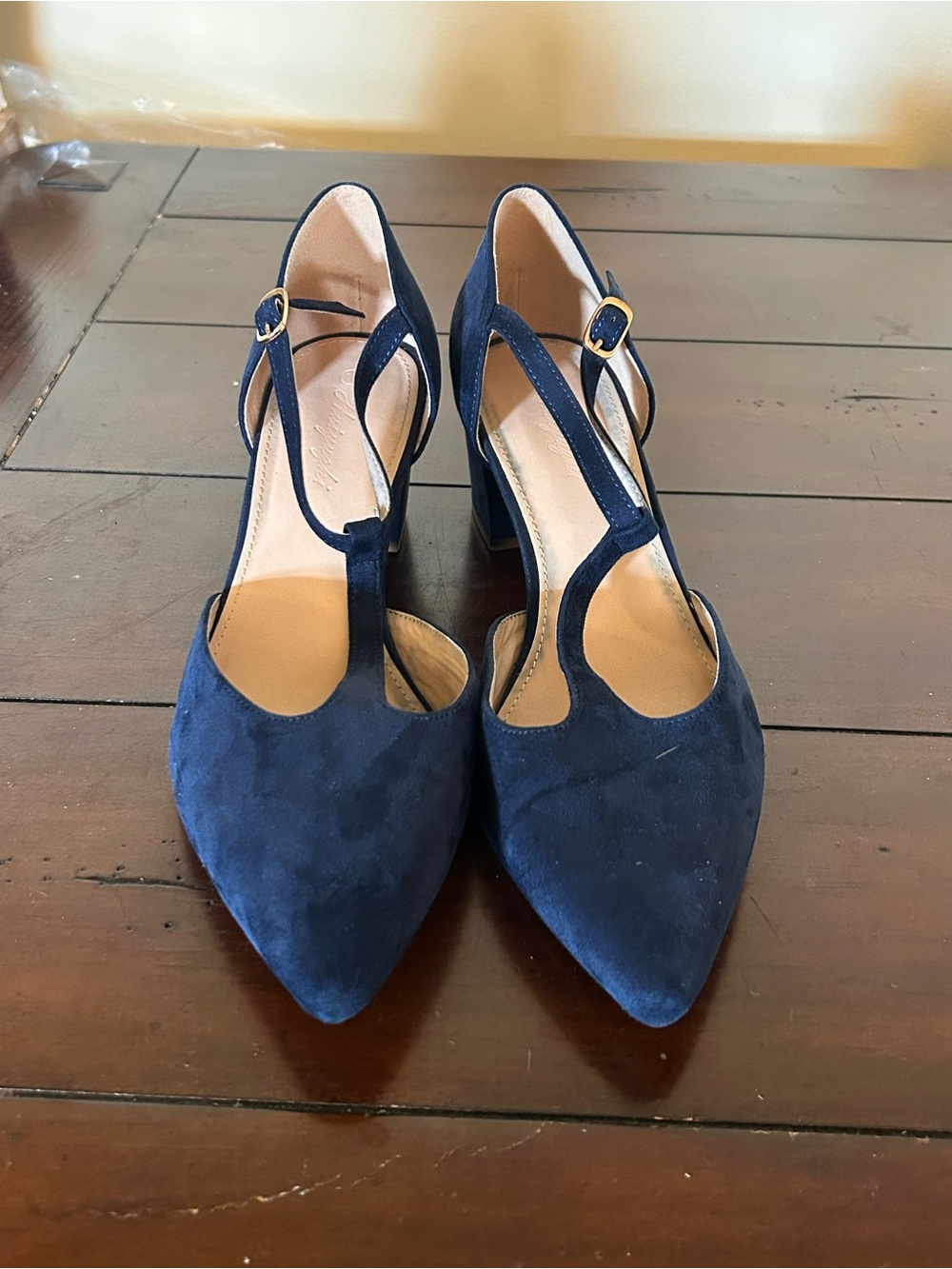 Navy Suede Pointed-Toe T-Strap Block Heels